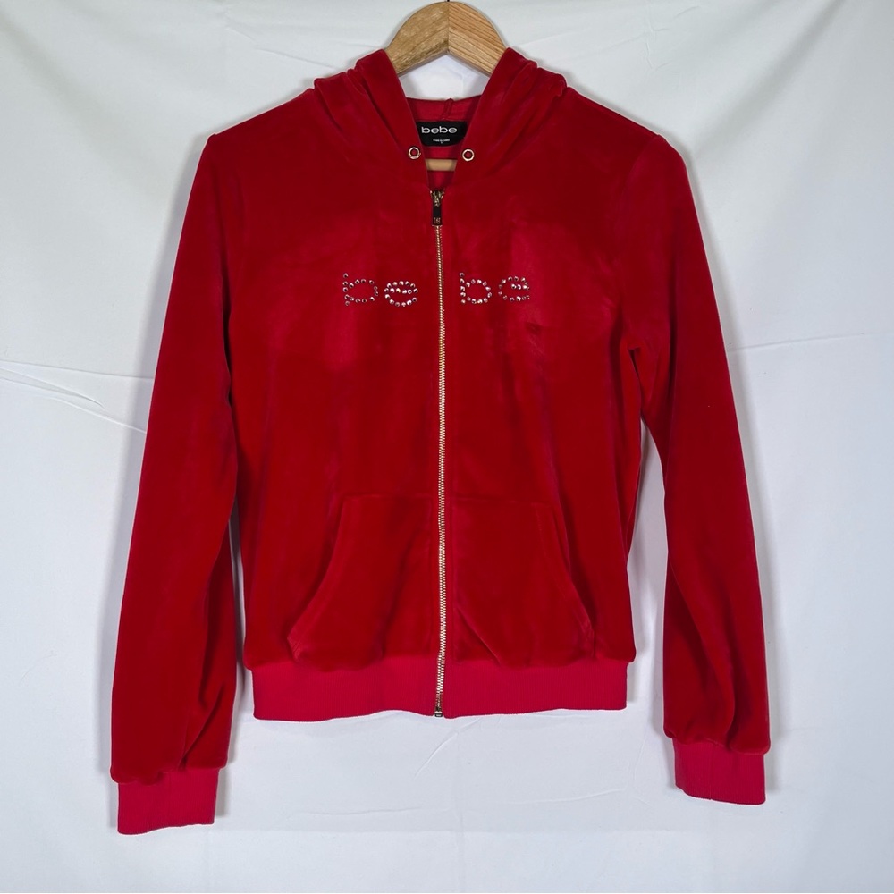 Bebe Women’s Size S Crystal Logo Hooded Full Zip Jacket Casual Red‎